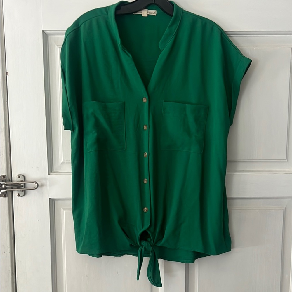 Green Short Sleeve Button Down Top with Tie Front